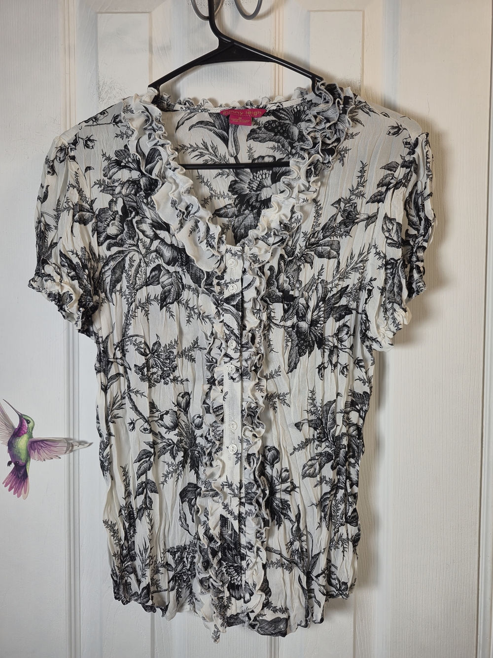 Sunny Leigh Toile Ruffle Blouse M Black White Crinkle Coquette Romantic Top